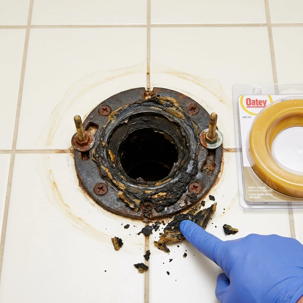 Failed wax ring showing water seepage at the base of a toilet in a Lafayette, LA home